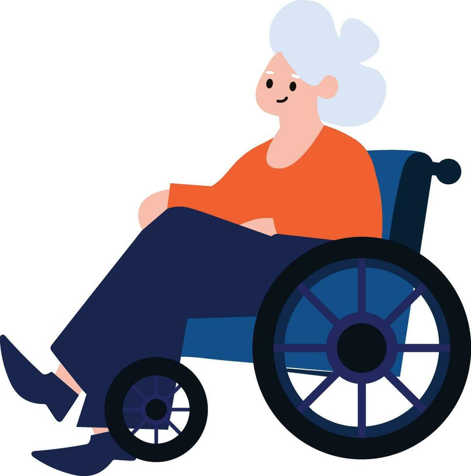 mano dibujado mayor personaje sentado en un silla de ruedas en plano estilo vector