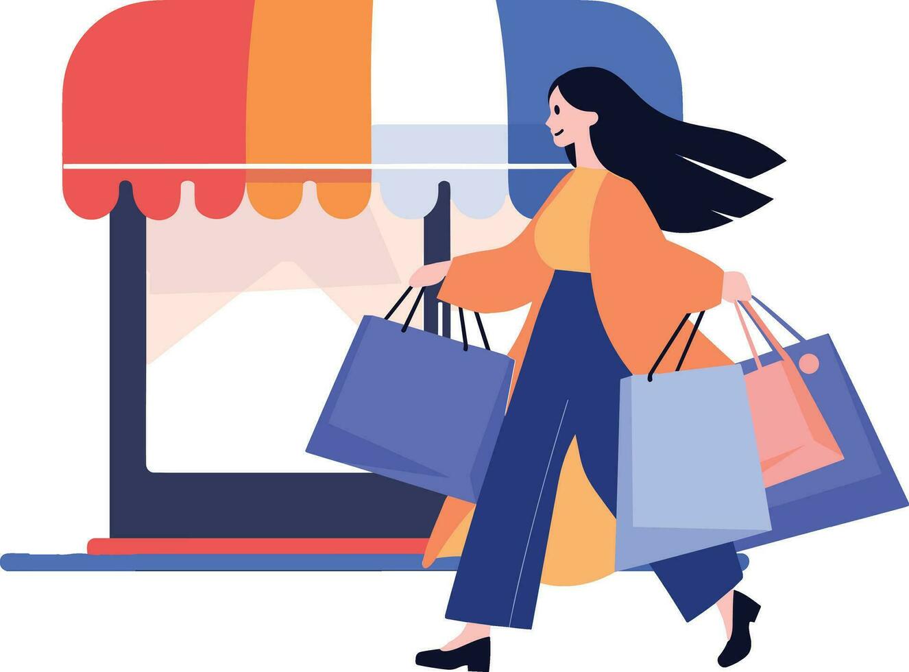 Hand Drawn A woman with shopping bags walks past a storefront in flat style vector