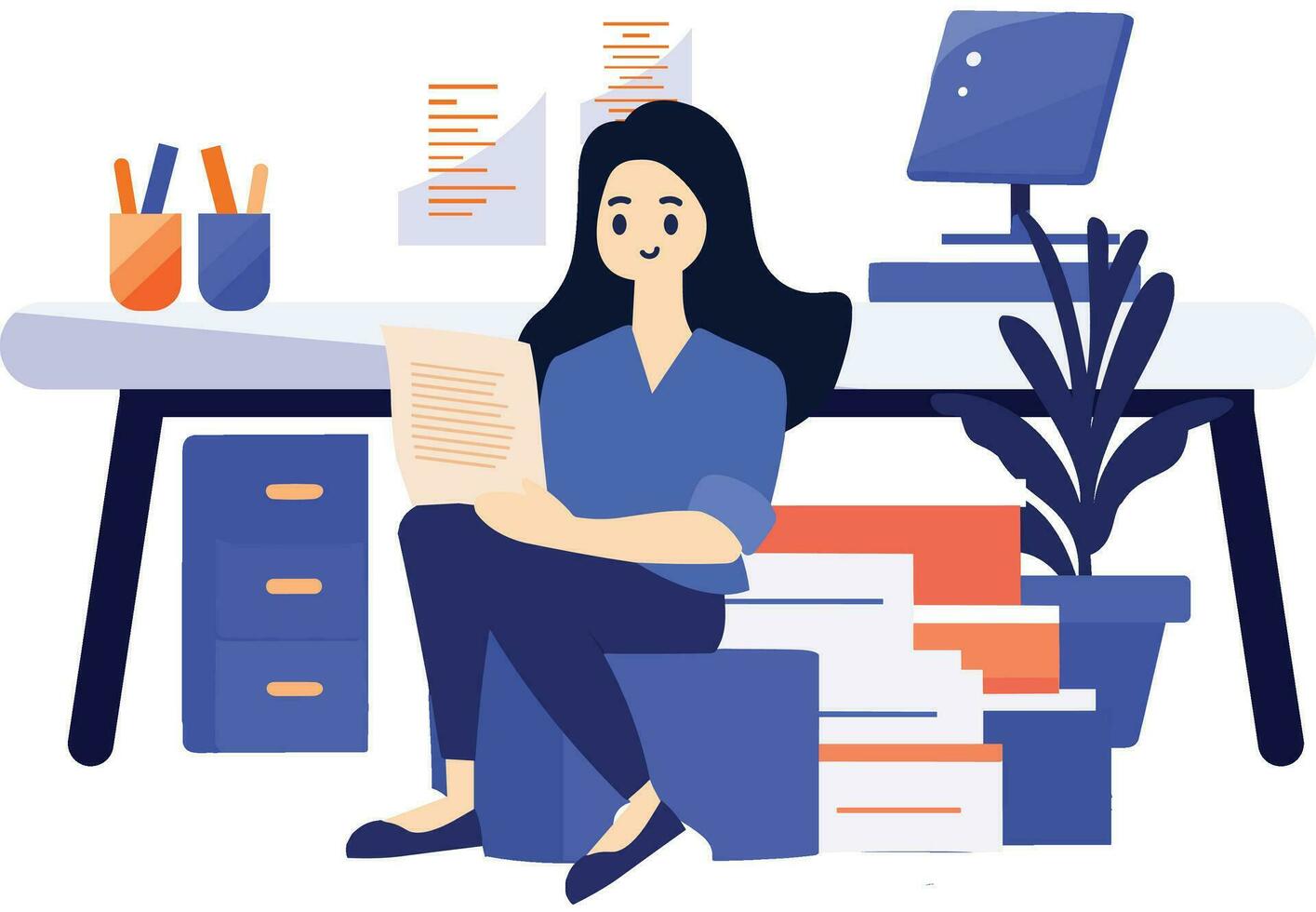 Hand Drawn A female character is sitting and reading a book in her office in flat style vector