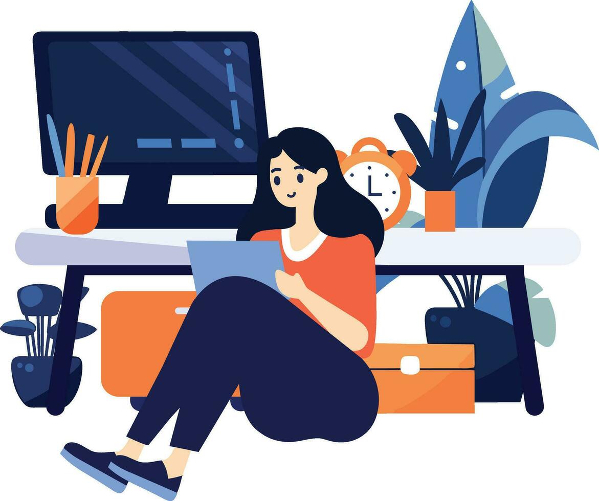 Hand Drawn A female character is sitting and reading a book in her office in flat style vector