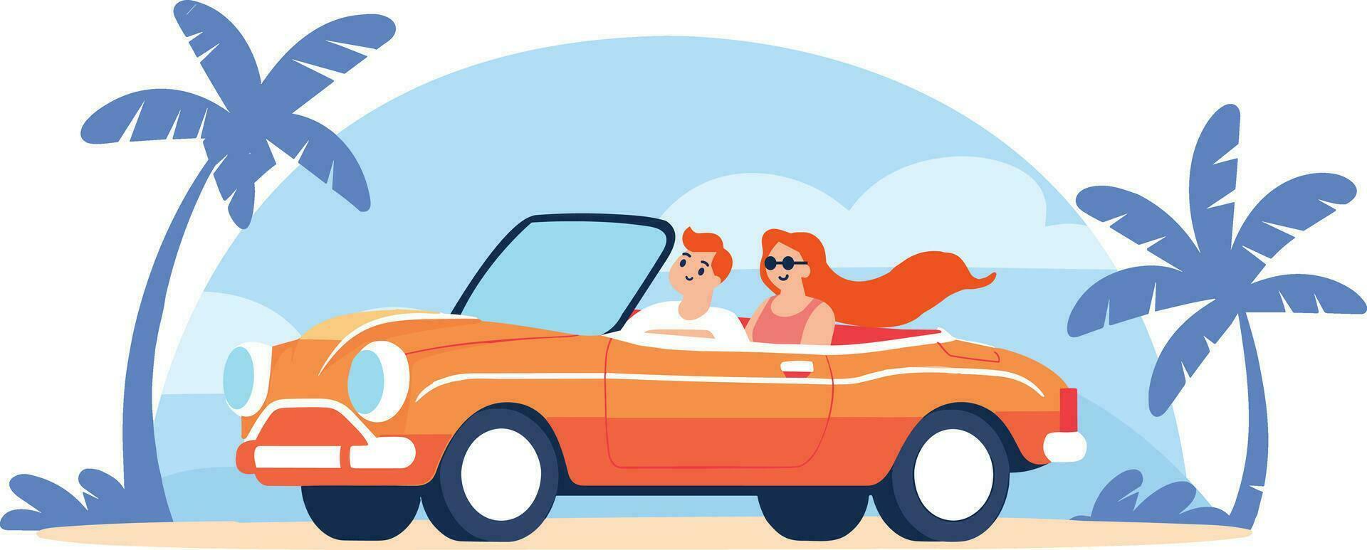 mano dibujado turistas conducir convertibles coche a el playa en plano estilo vector