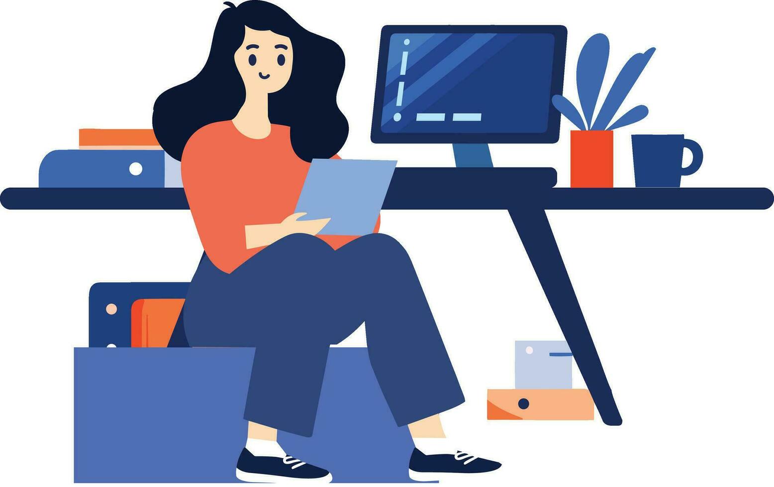 Hand Drawn A female character is sitting and reading a book in her office in flat style vector