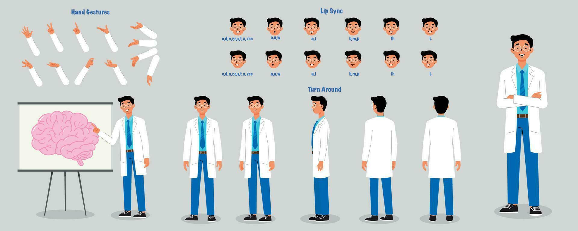 un neurólogo médico modelo hoja. masculino neurólogo médico Giro de vuelta hoja. médico mano gestos, labio sincronizar vector