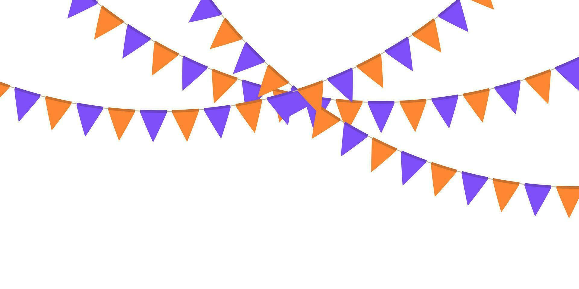 Violeta y naranja bandera guirnalda. triángulo banderines cadena. fiesta decoración. celebracion banderas para decoración vector