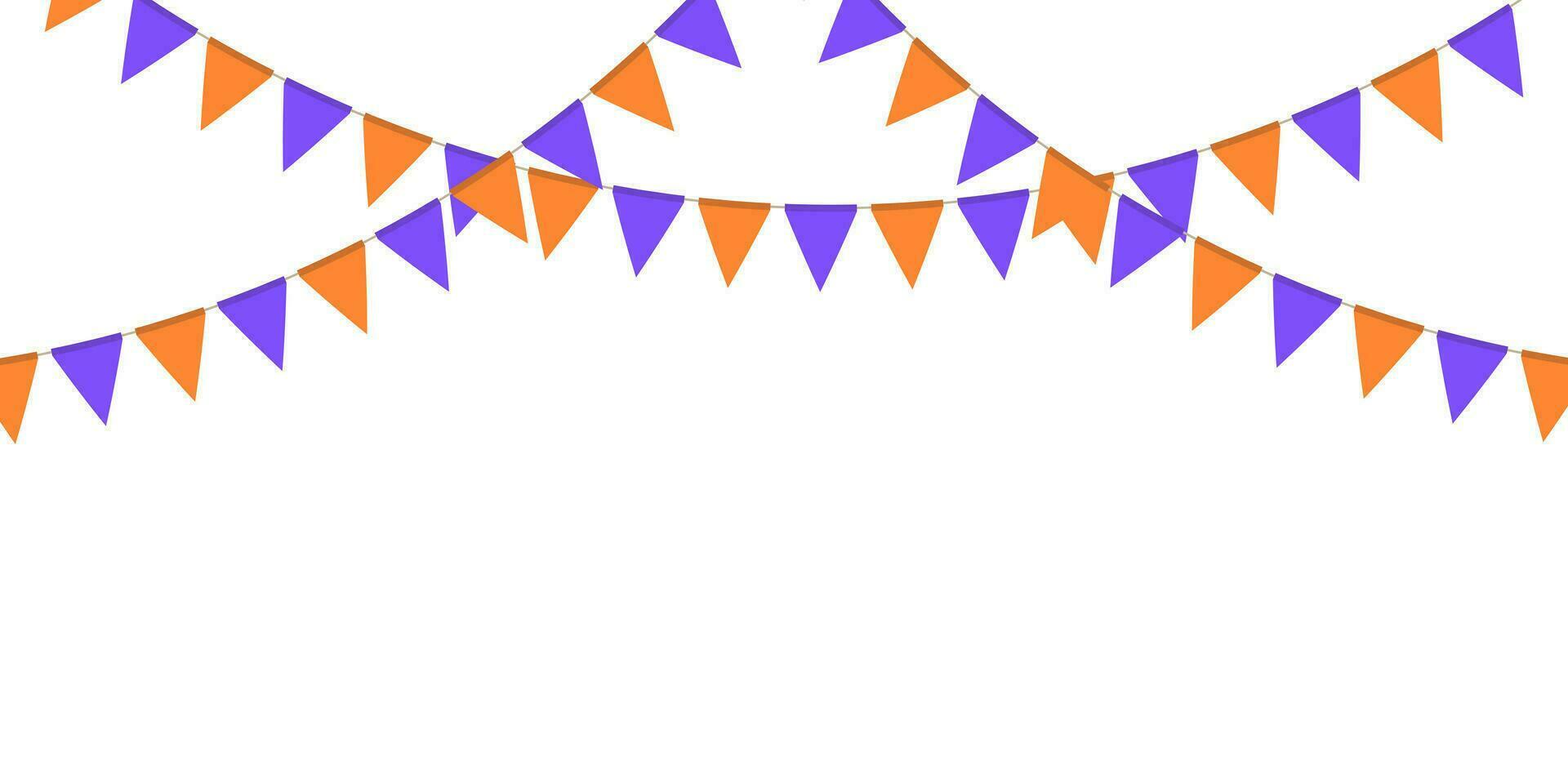 Violeta y naranja bandera guirnalda. triángulo banderines cadena. fiesta decoración. celebracion banderas para decoración vector