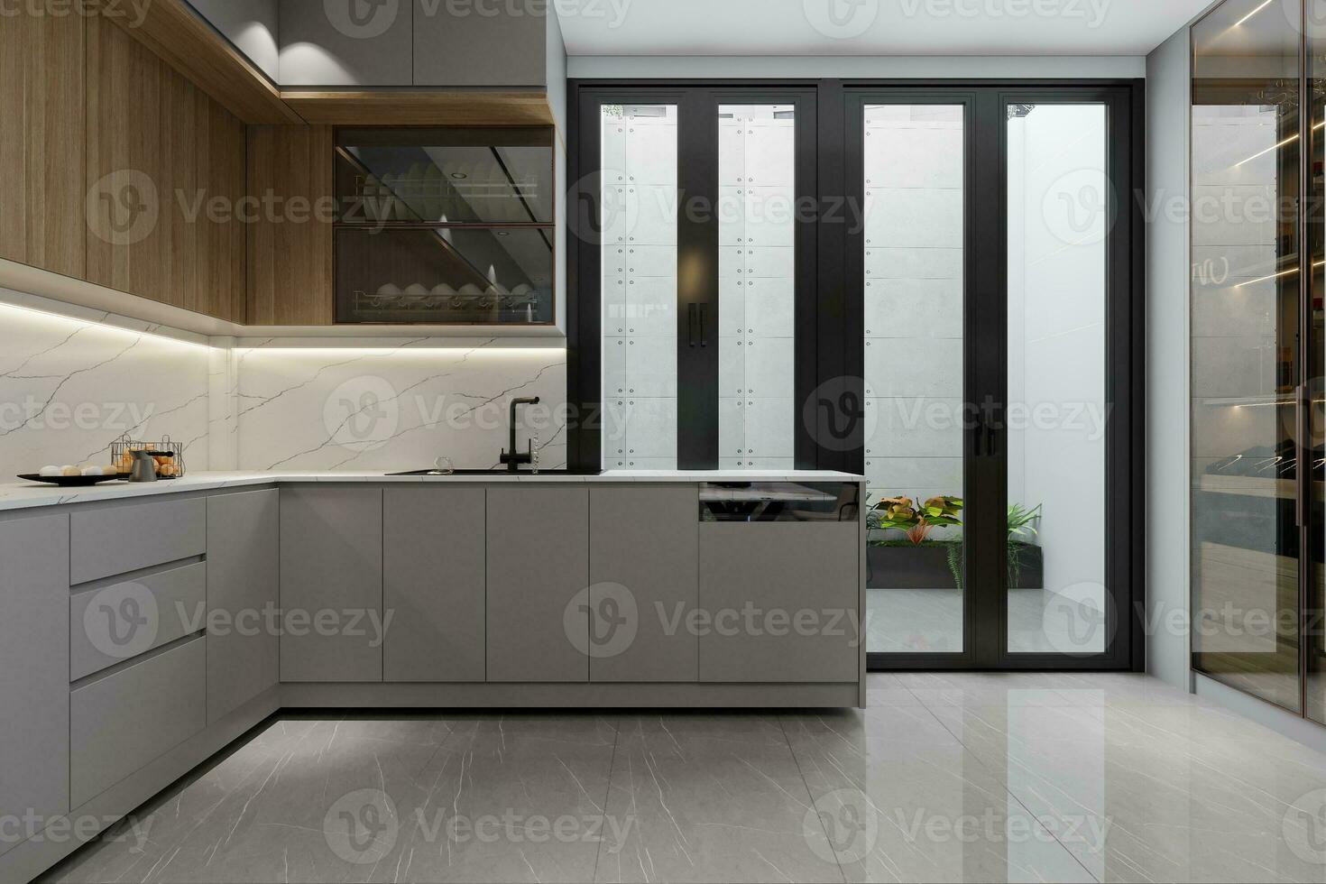 el interior de un pequeño cocina con un comida mesa y un escalera líder a  el segundo piso. generado por ai 31130031 Foto de stock en Vecteezy