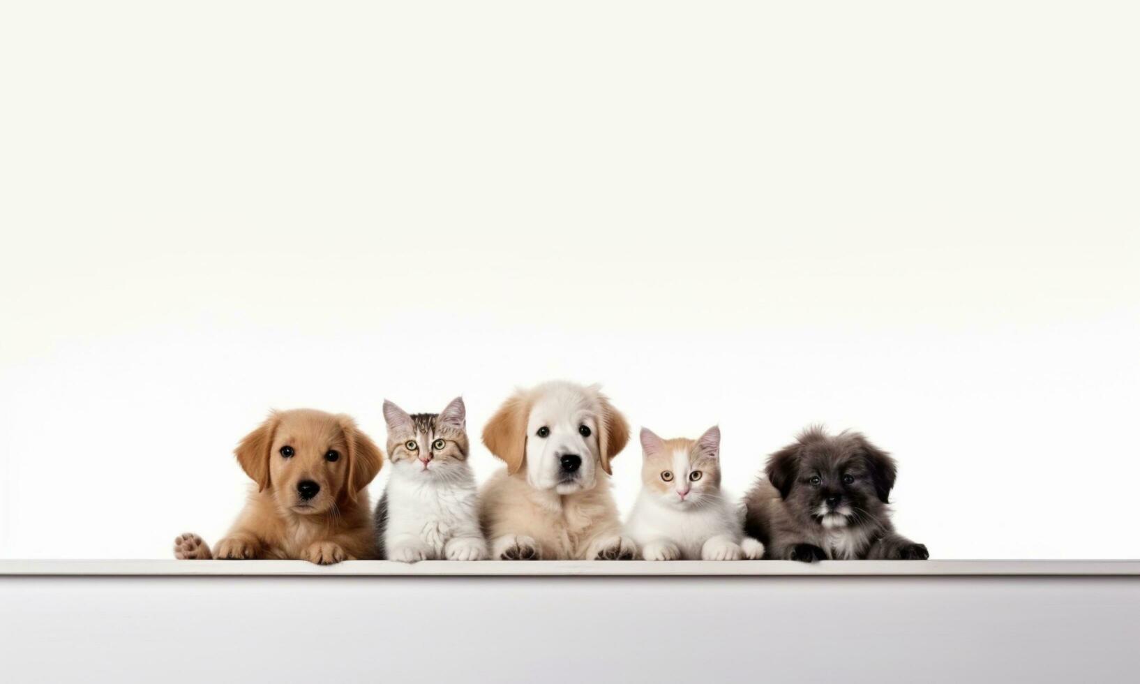 ai generado fondo con imágenes de linda mascotas, cachorros y gatitos sentado juntos en un blanco antecedentes. foto