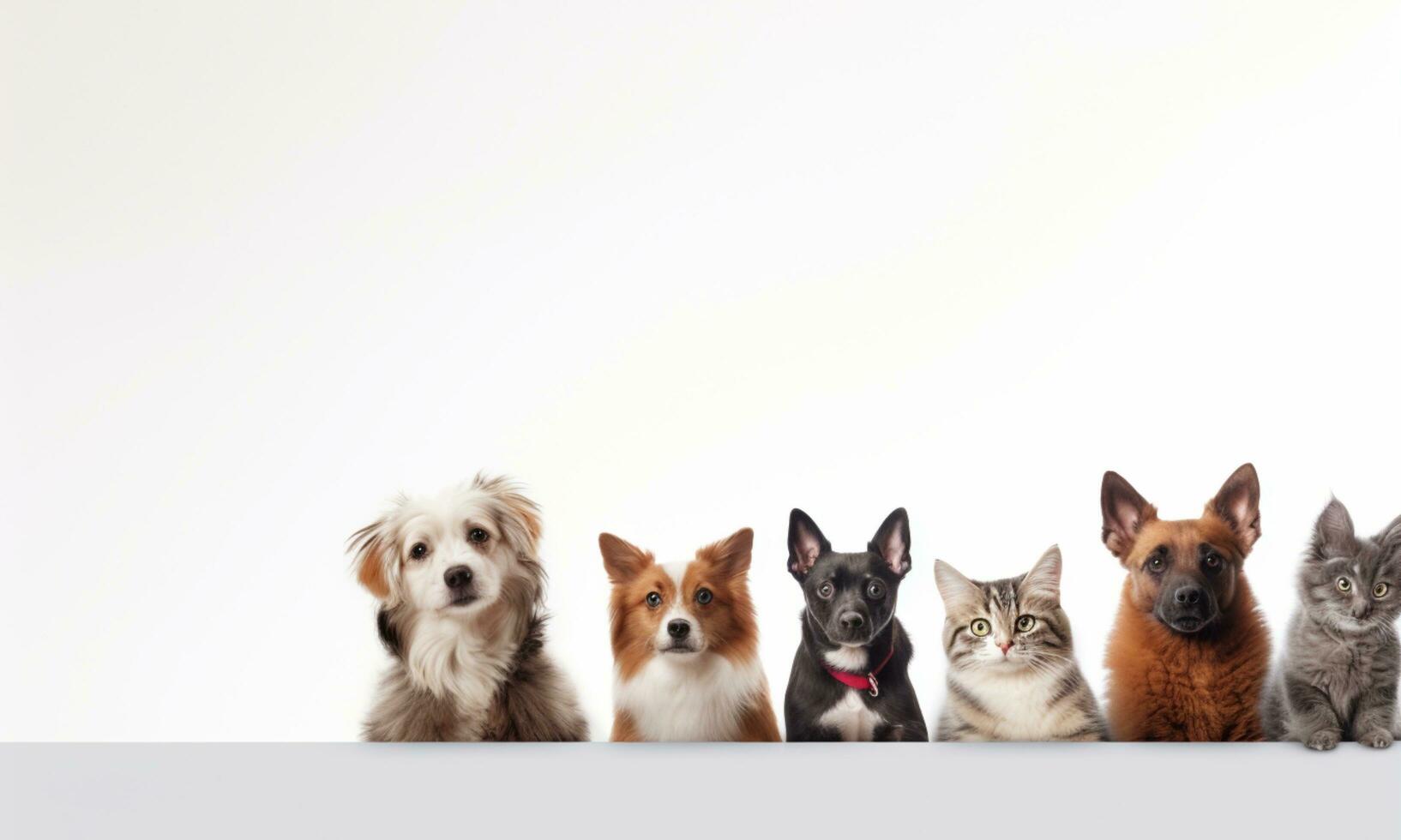 AI Generated Backdrop with pictures of cute pets, puppies and kittens sitting together on a white background. photo