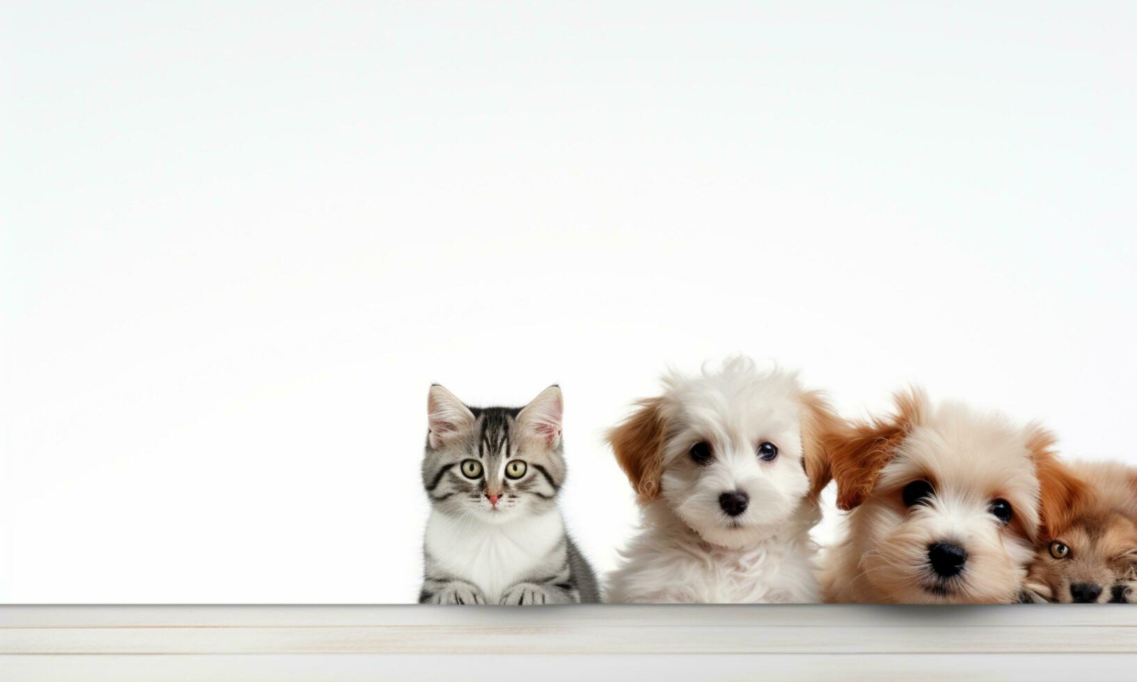 AI Generated Backdrop with pictures of cute pets, puppies and kittens sitting together on a white background. photo