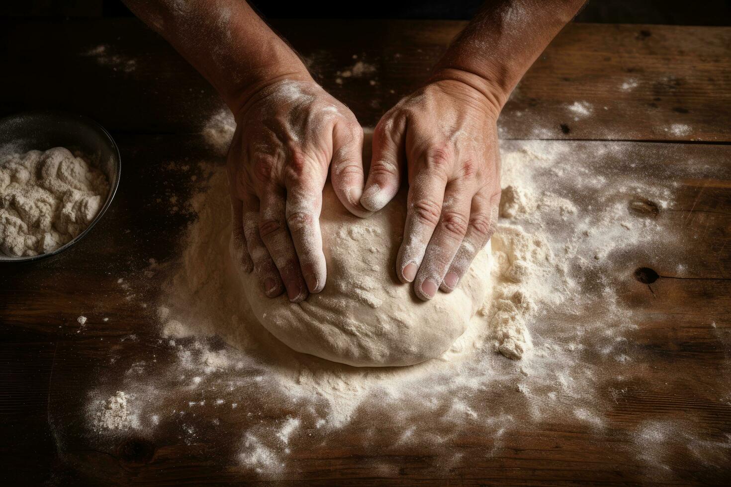 AI Generated Scene of the chef's hands kneading bread dough. photo