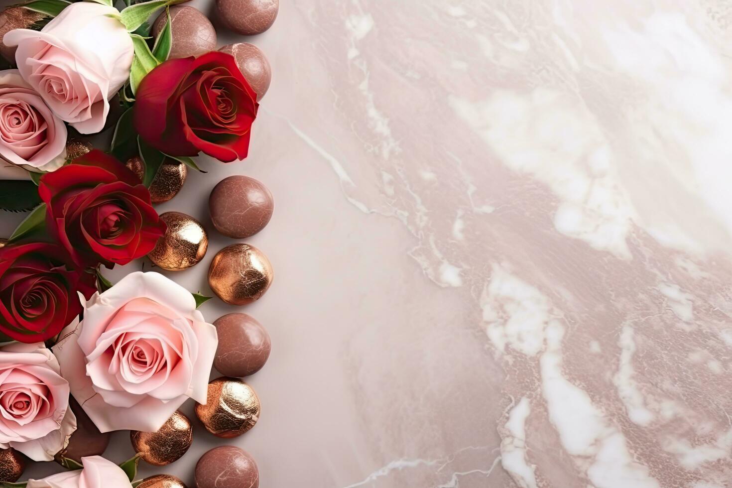 AI Generated Roses, pinks and chocolates on a marble background Valentine's Day gifts photo