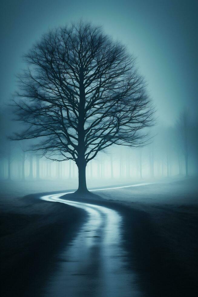 brumoso la carretera en el bosque con solitario árbol en el primer plano foto