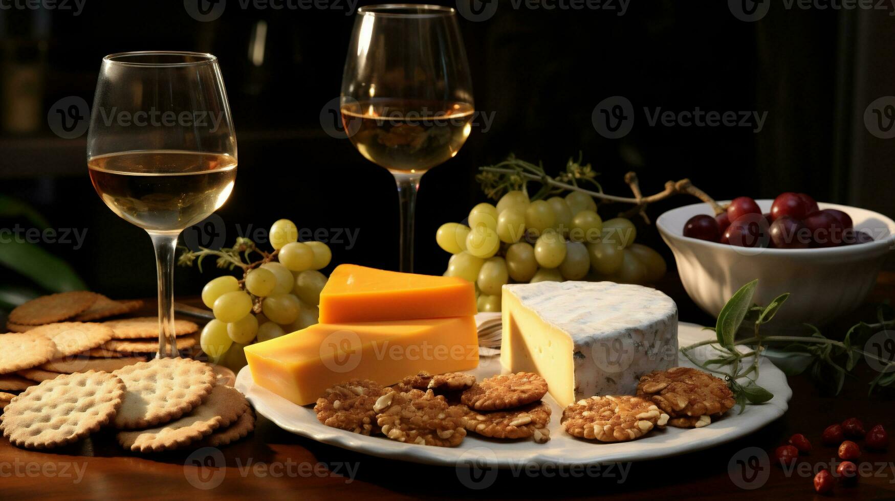 Cheese plate with grapes, crackers and wine on dark background photo