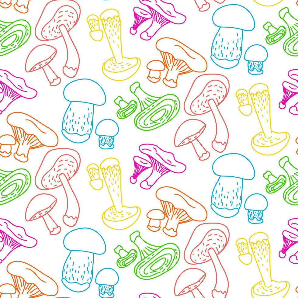 Bright contour pattern with multicolored contours of mushrooms. Colorful illustration of mushrooms, bright psychedelic colors on a white background. Contoured seamless texture for printing on textiles vector