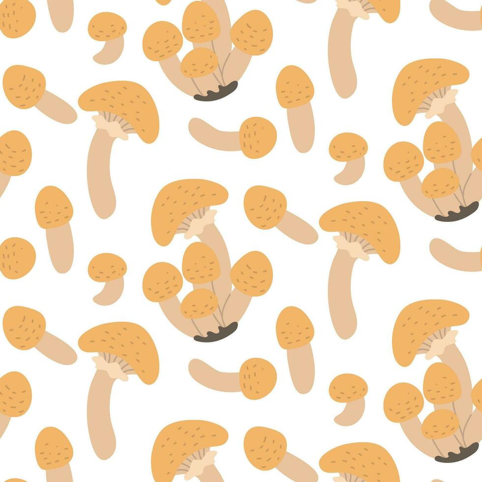 Vector seamless pattern with honey fungus on a white background. Seamless texture, hand-drawn cartoon group of small mushrooms. Design template for textiles, wallpaper, print honey fungus hat together