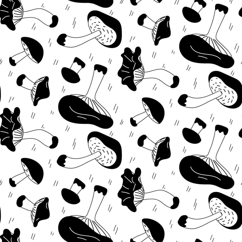 Vector linear seamless pattern with mushrooms and decor. A hand-drawn texture with small and large flat mushrooms highlighted on a white background. Botanical illustration of natural elements. forest