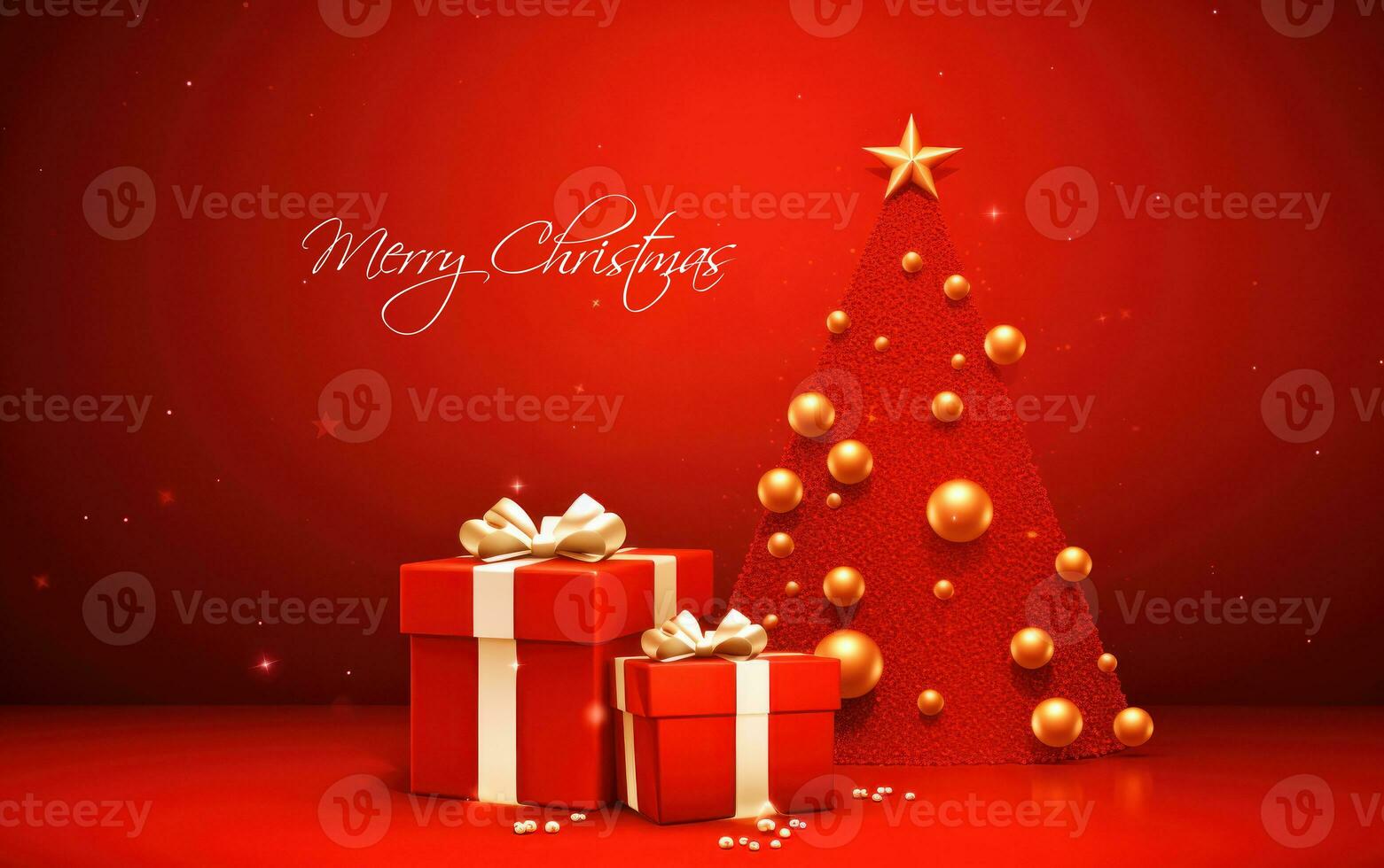 Red Merry Christmas New Year holiday background. Christmas trees with gifts. Traditional celebration winter time holiday card. Graphic AI-generated illustration photo