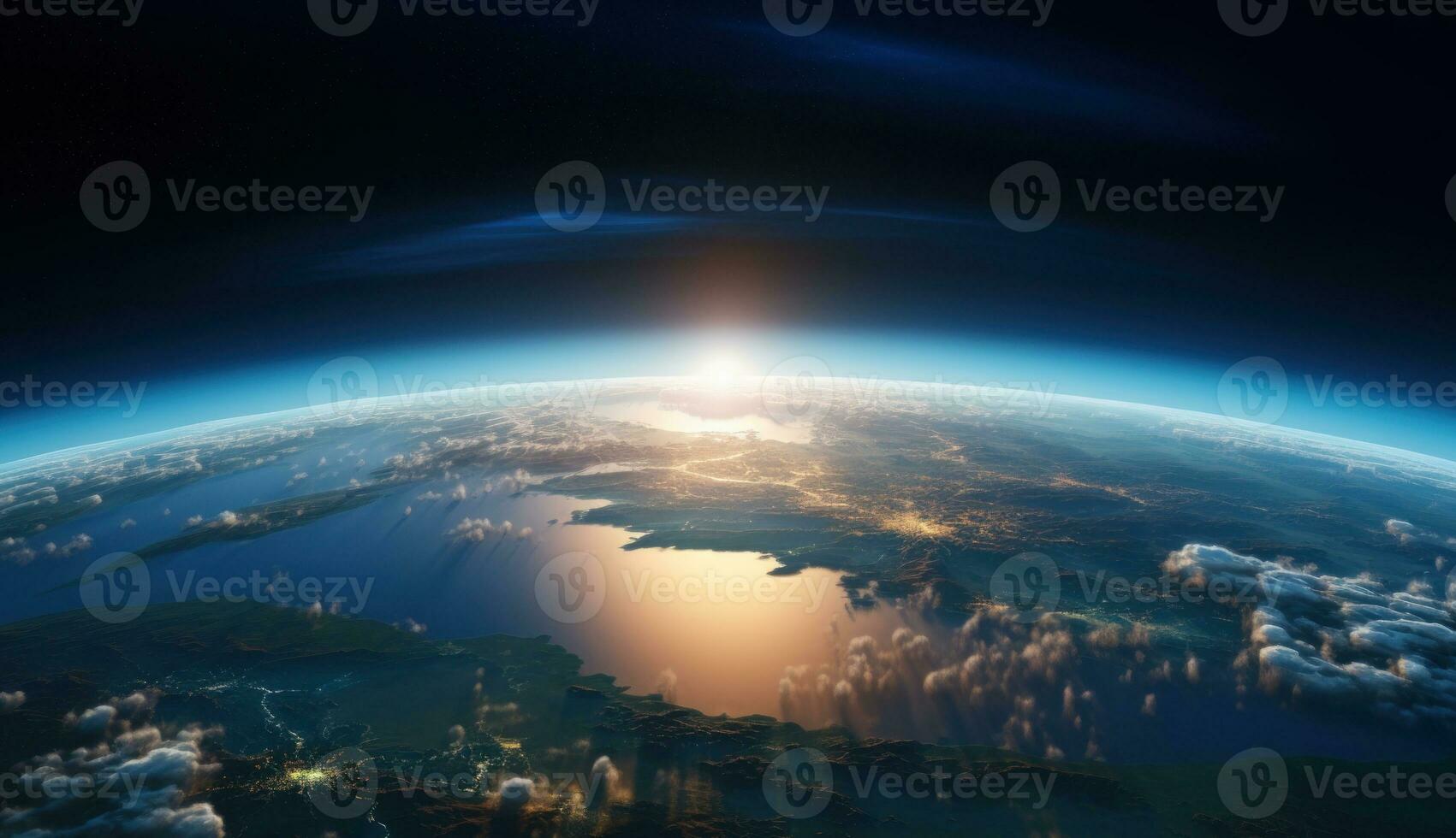 Aerial view of planet Earth with clouds from space. View of sunrise as seen from Earth's orbit photo