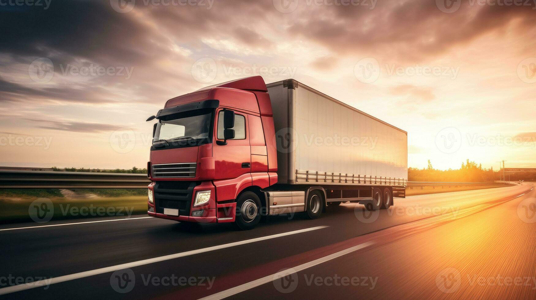 Red semi truck tractor on freeway pulling load. Truck transporting commercial cargo. photo