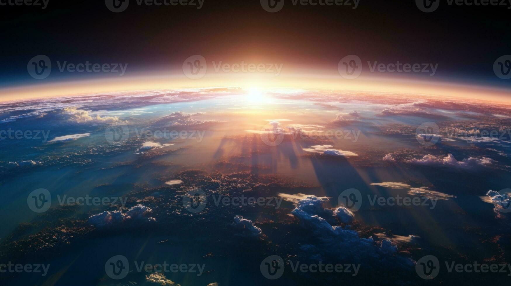 Aerial view of planet Earth with clouds from space. View of sunrise as seen from Earth's orbit photo