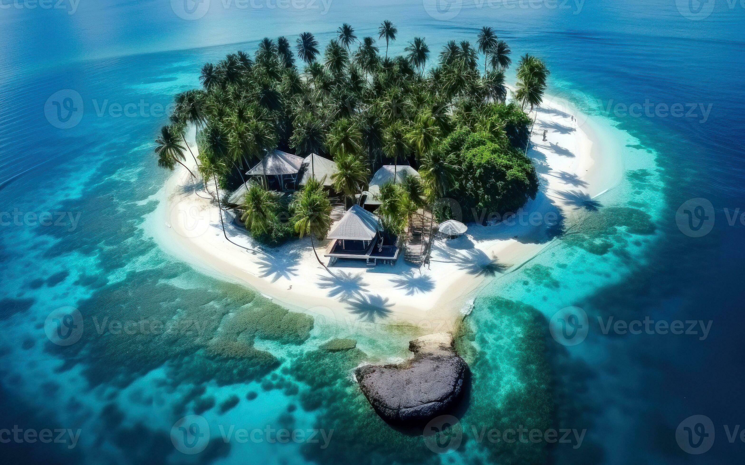 Aerial view of tropical island in the ocean. Inhabited Aerial view of tropical island in the ocean. Inhabited