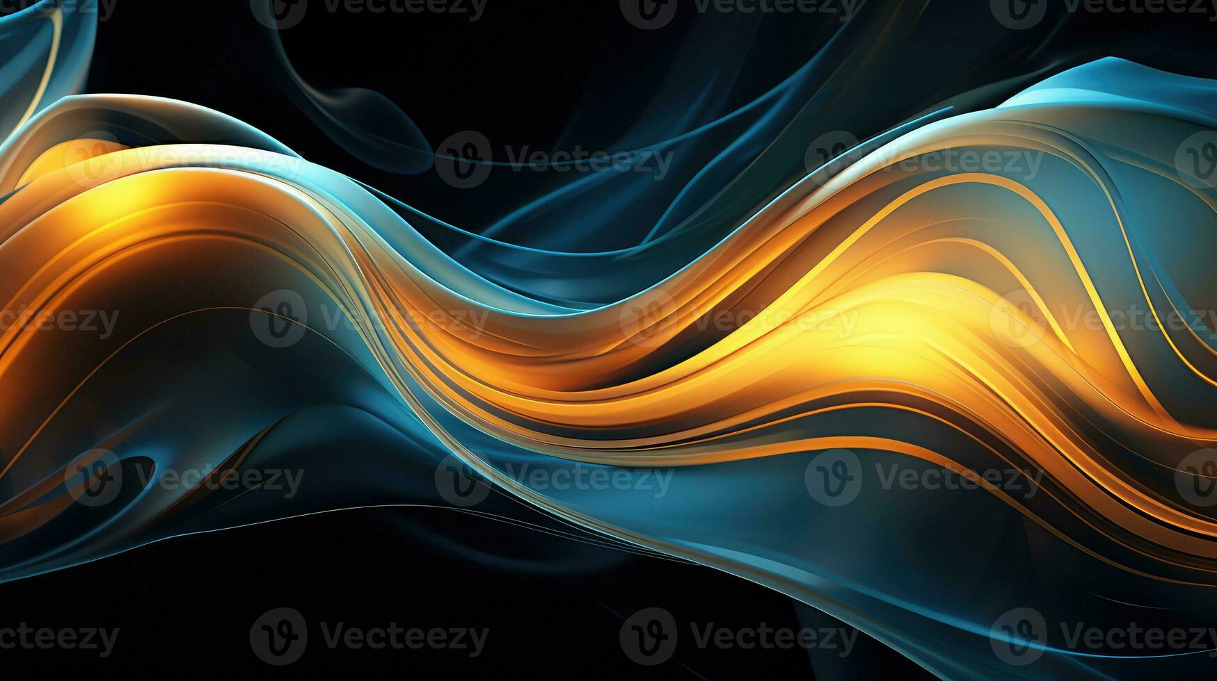 Abstract futuristic gold and blue glowing neon waves background. Neon color palette. Generative AI photo