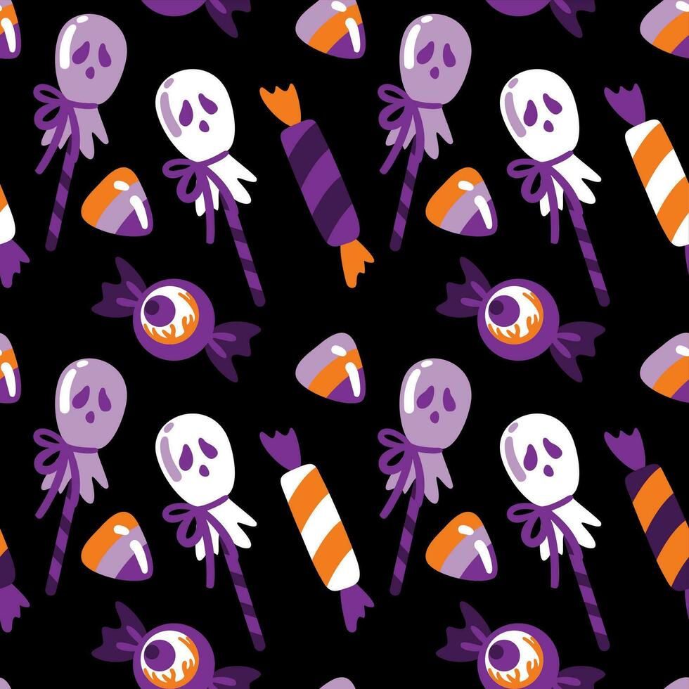 Halloween candy, lollipops in the shaped eye, ghost on black background. Childish print. Seamless pattern. vector