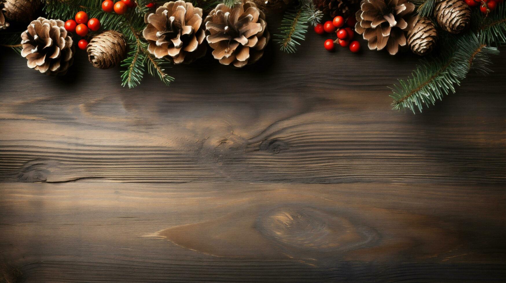 Christmas background with fir tree branches, pine cones and berries on wooden board photo