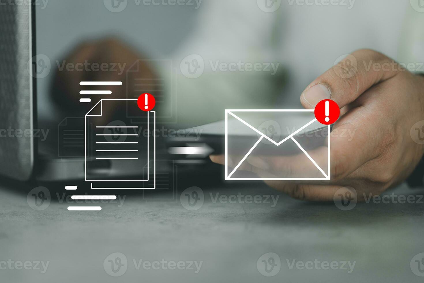 Businessman signs an e-document and a virtual notebook on a virtual screen and sends an e-mail now. photo