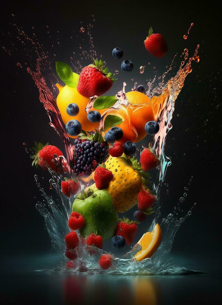 Splashing fruit on water. Fresh Fruit and Vegetables being shot as they submerged under water. Ai Generative photo