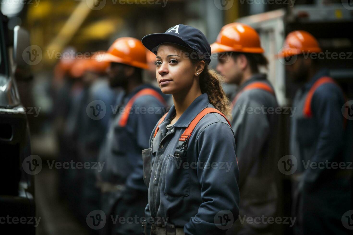 Portrait of a female worker standing in front of a group of workers photo