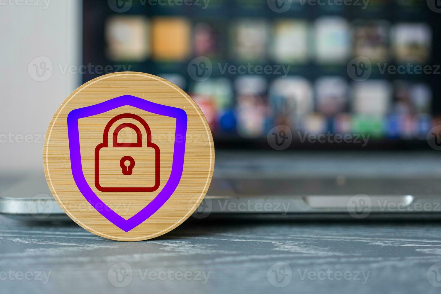 Security icon protection and internet privacy a wood block with icons of the shield with a padlock inside. photo