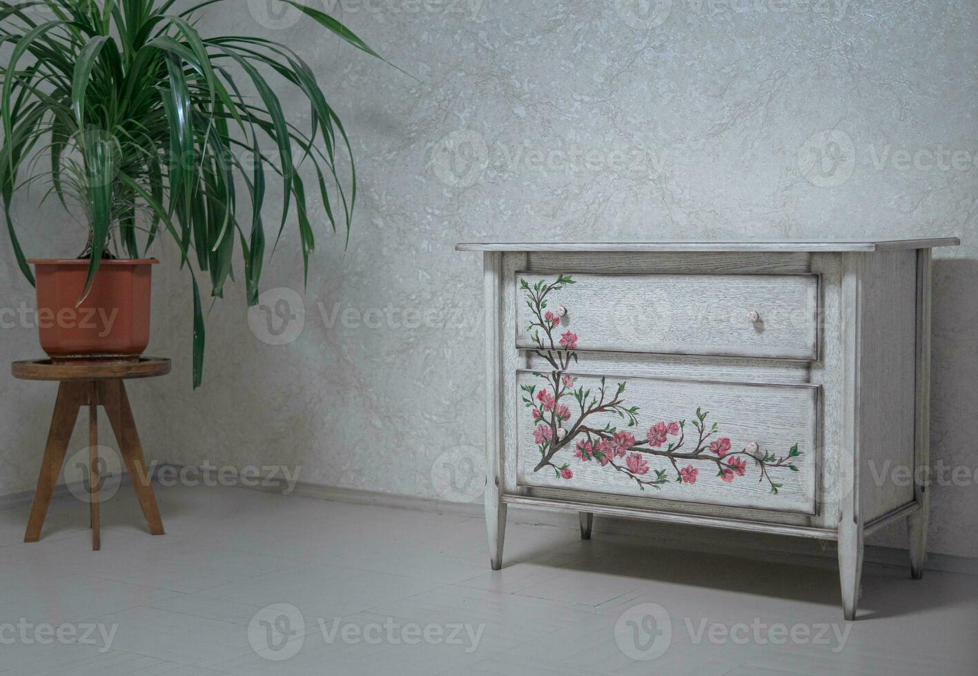 Palm tree against the background of a vintage chest of drawers in the interior of an apartment in the minimalist style photo