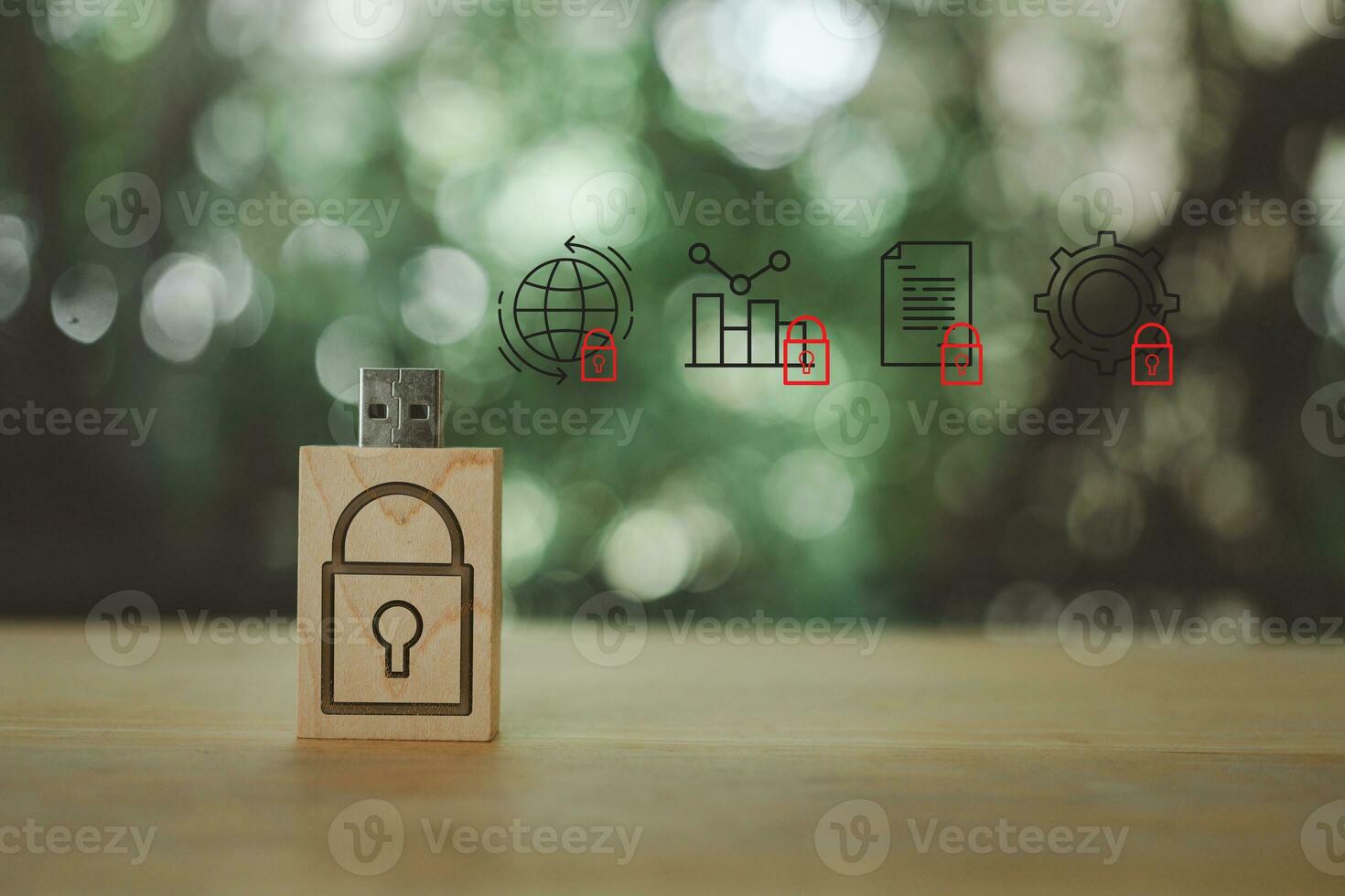 Padlock icon inscription on wood usb stick with digital security icon. Secure data storage photo