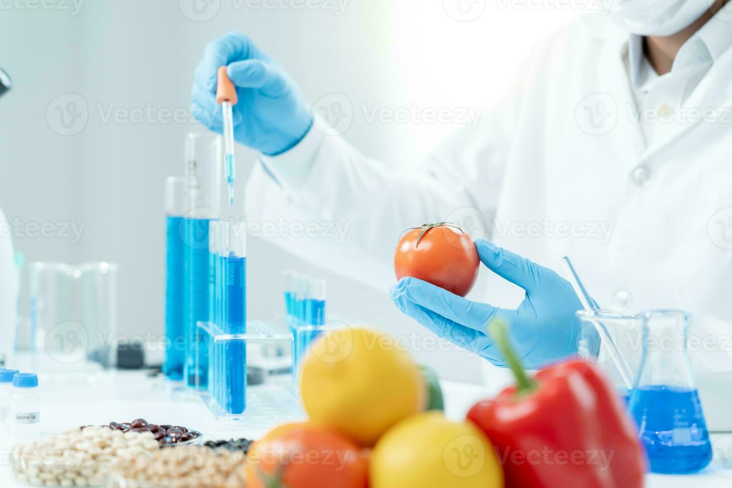 Scientist check chemical food residues in laboratory. Control experts inspect quality of vegetables  vegetables. lab, hazards, find prohibited substances, contaminate, Microscope, Microbiologist photo