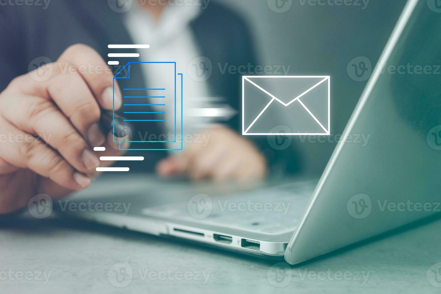 Businessman using pen signing E-document on a virtual screen and sent mail, Important mail, electronic signature concept. photo