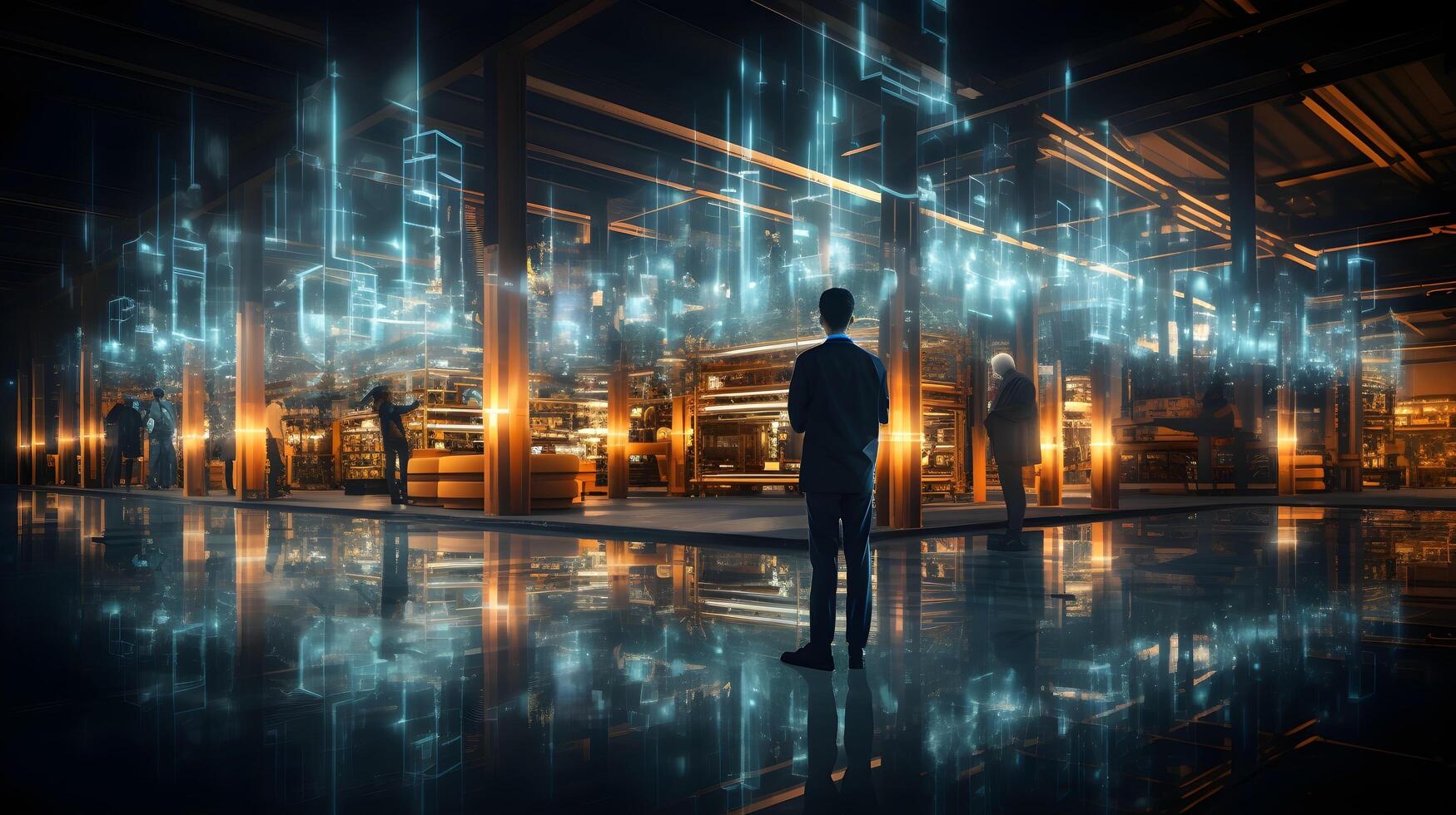a man standing in front of a building with glowing lights. photo