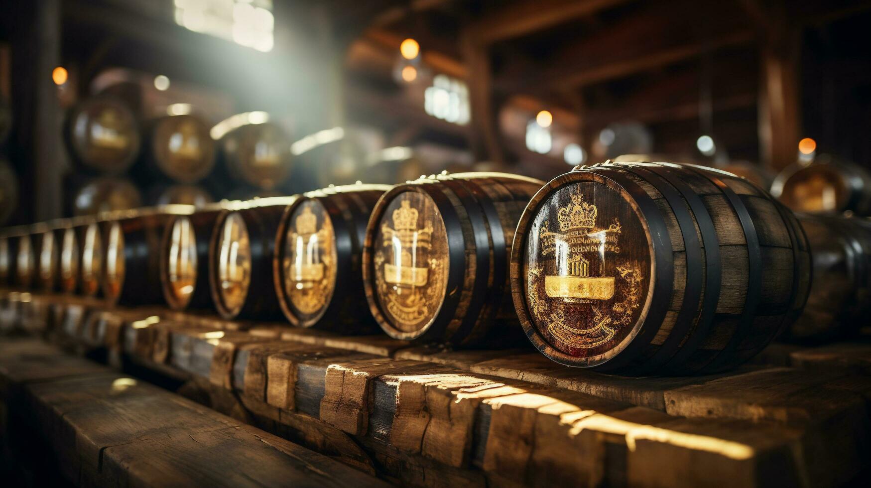 Wine barrels stacked in cellar of winery. Winery concept photo