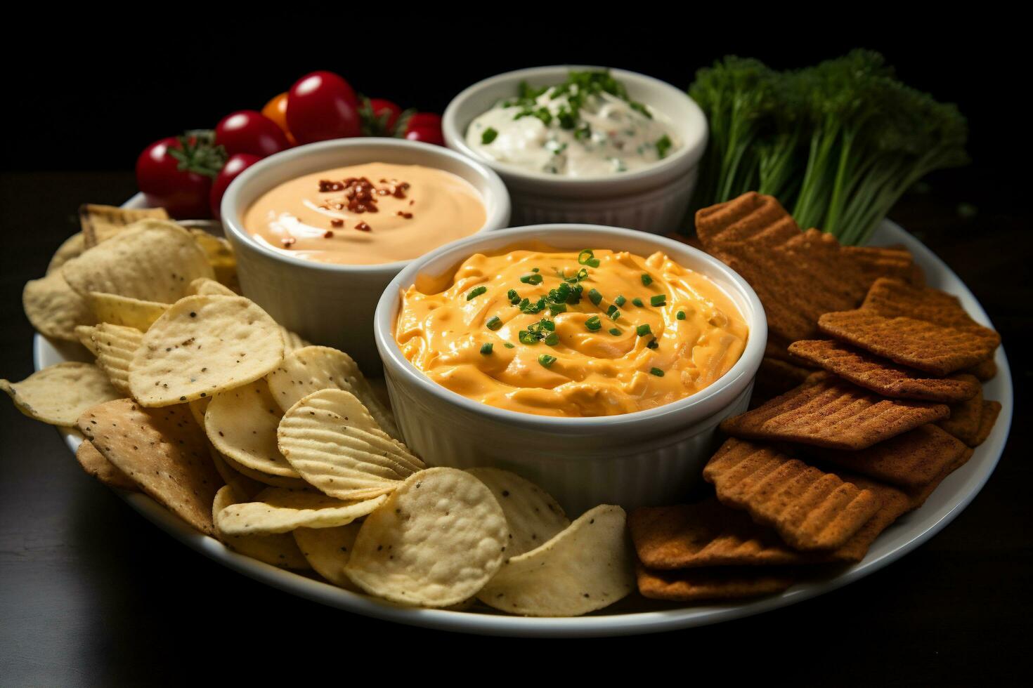 Homemade pimento cheese with nachos and ingredients on dark background photo