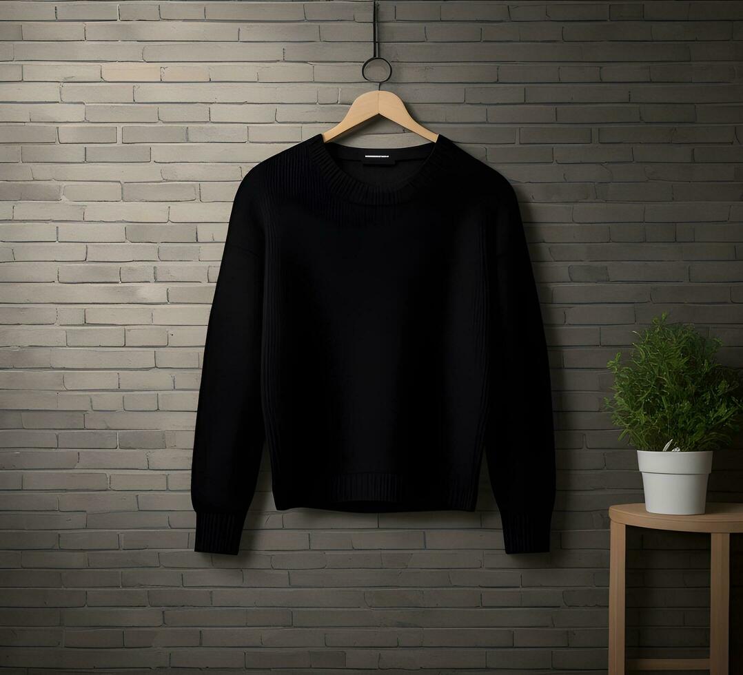 Black sweater mockup with brick background ai generate photo