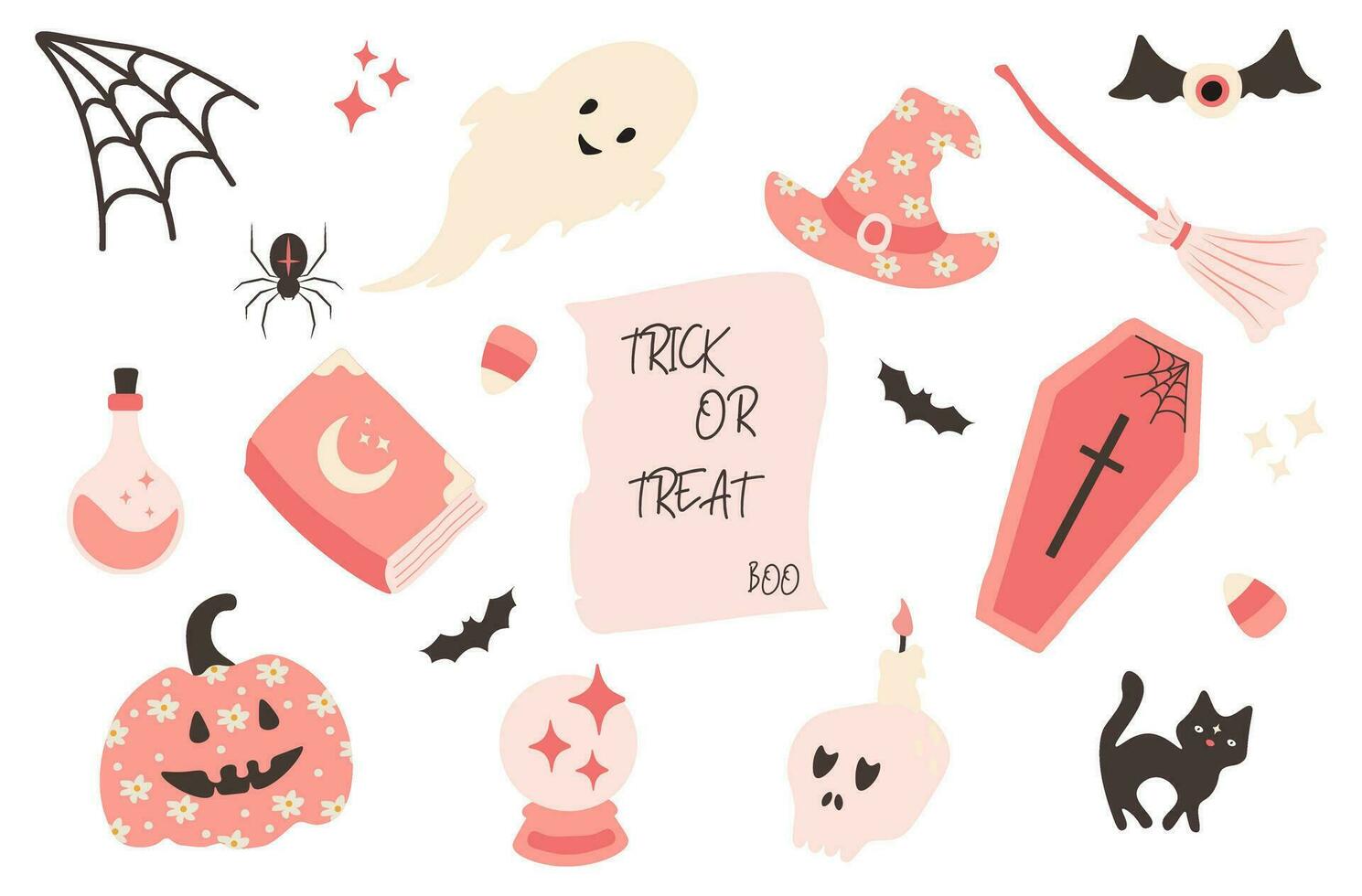 Halloween pink elements set. Cute decor of magical elements in a simple naive style vector