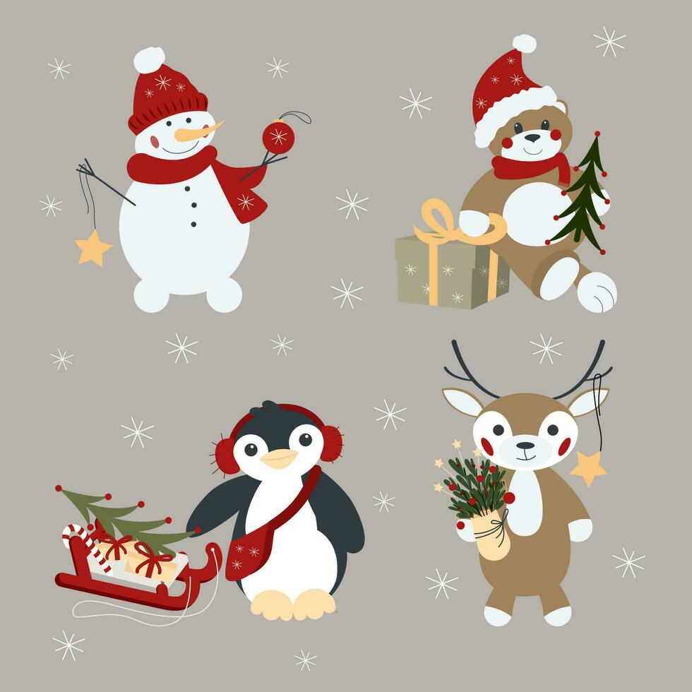 Vectors cute Christmas illustrations set with little deer, penguin, snowman and bear.