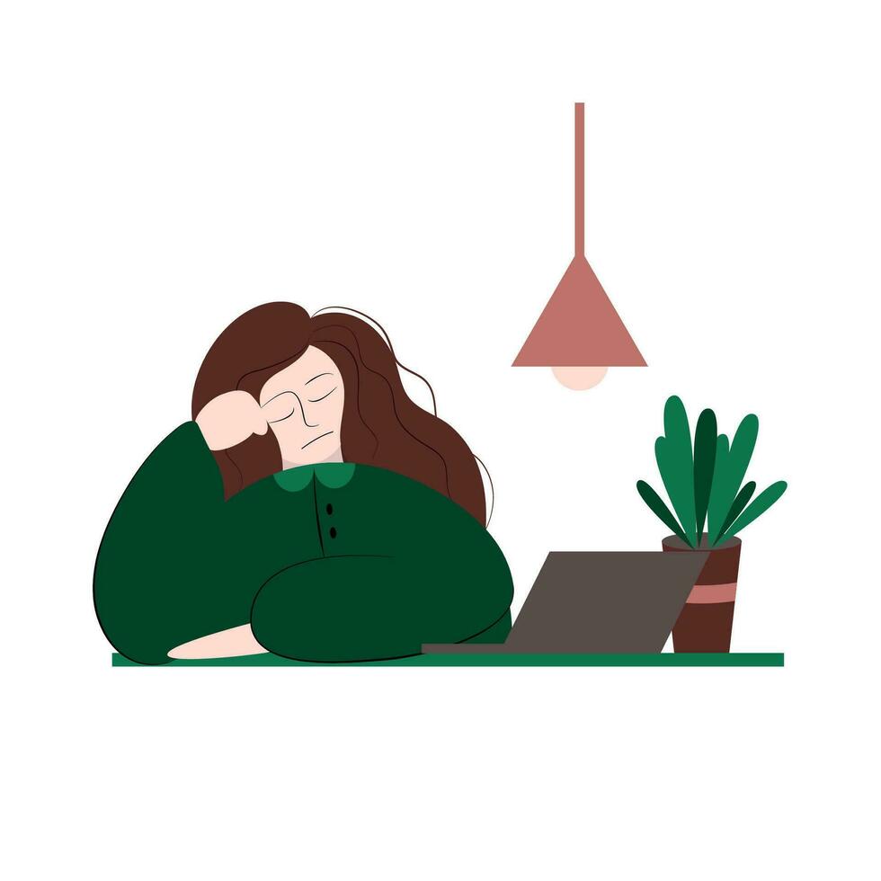 Boring meeting or lesson, tired or sad girl, woman is sitting at the computer with pot flower and lamp. Vector flat illustration.