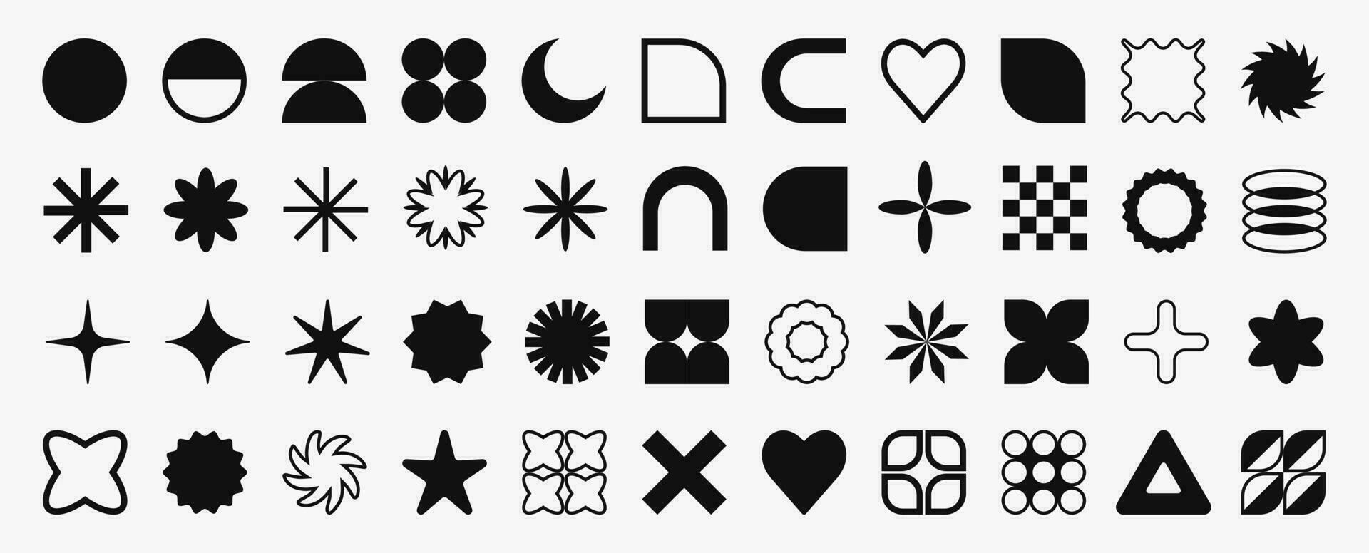 Set of black brutalist abstract geometric shapes and forms. Brutal contemporary figures, stars, flowers and other primitive elements. Trendy Y2K signs and symbols. vector
