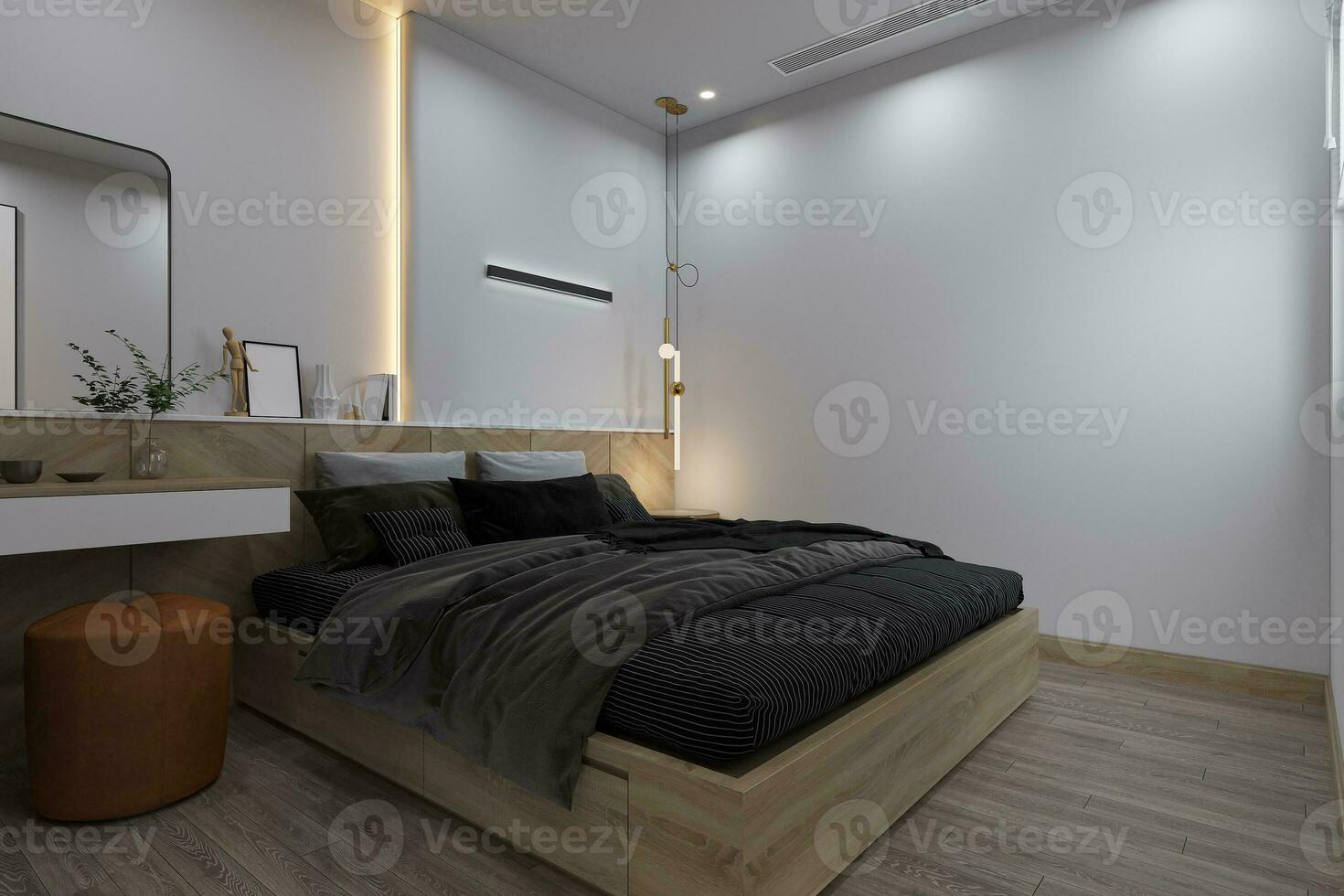 Wooden Bed With Black plaid, pillows, white Wall paint, and Hardwood Floor in the bedroom, 3D rendering photo