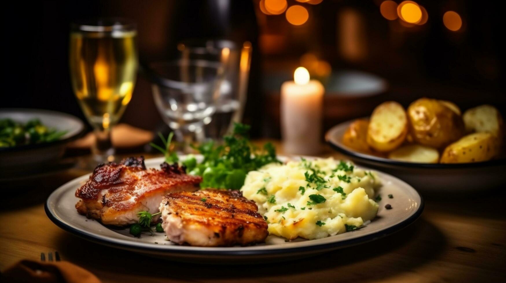 Roast chicken with mashed potatoes and herbs on a wooden table. photo