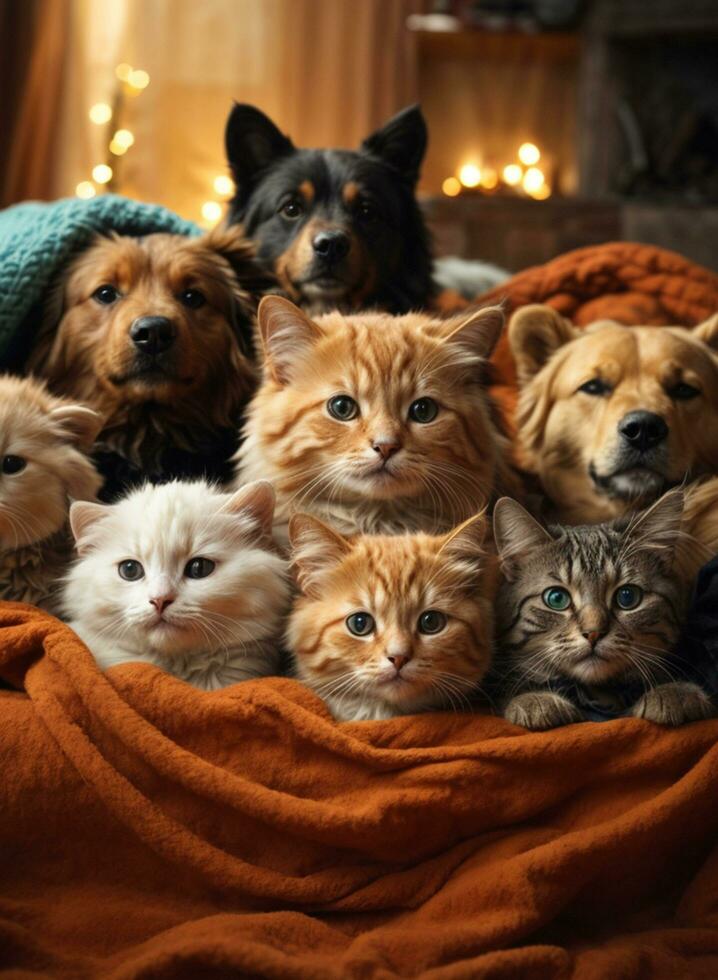 portrait of a group of cute cats and dogs, ai generative photo