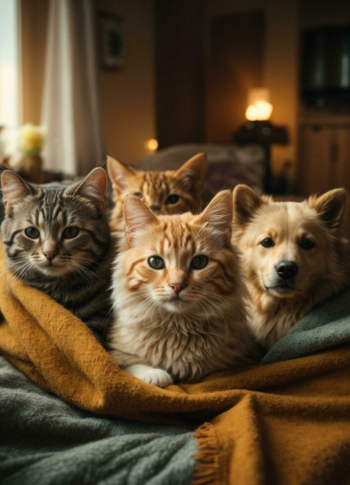 portrait of a group of cute cats and dogs, ai generative photo