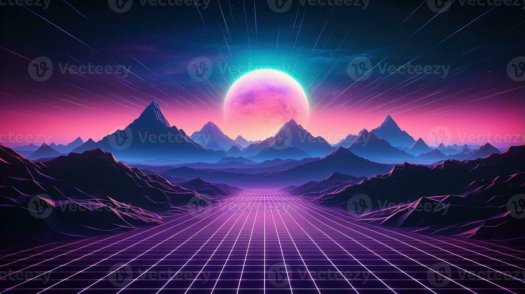 Generative AI, 80s retro futuristic sci-fi., nostalgic 90s. Night and sunset neon colors, cyberpunk vintage illustration. Sun, mountains and palms. Retrowave VJ videogame landscape.. photo