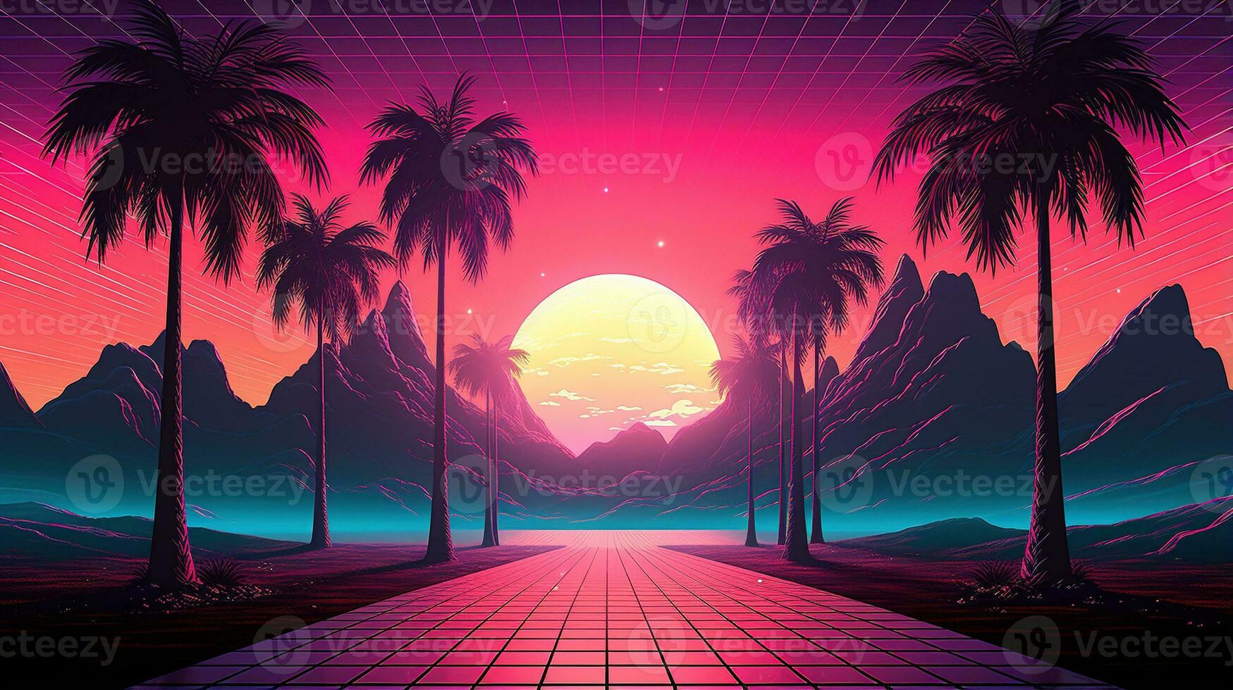 Generative AI, 80s retro futuristic sci-fi., nostalgic 90s. Night and sunset neon colors, cyberpunk vintage illustration. Sun, mountains and palms. Retrowave VJ videogame landscape.. photo